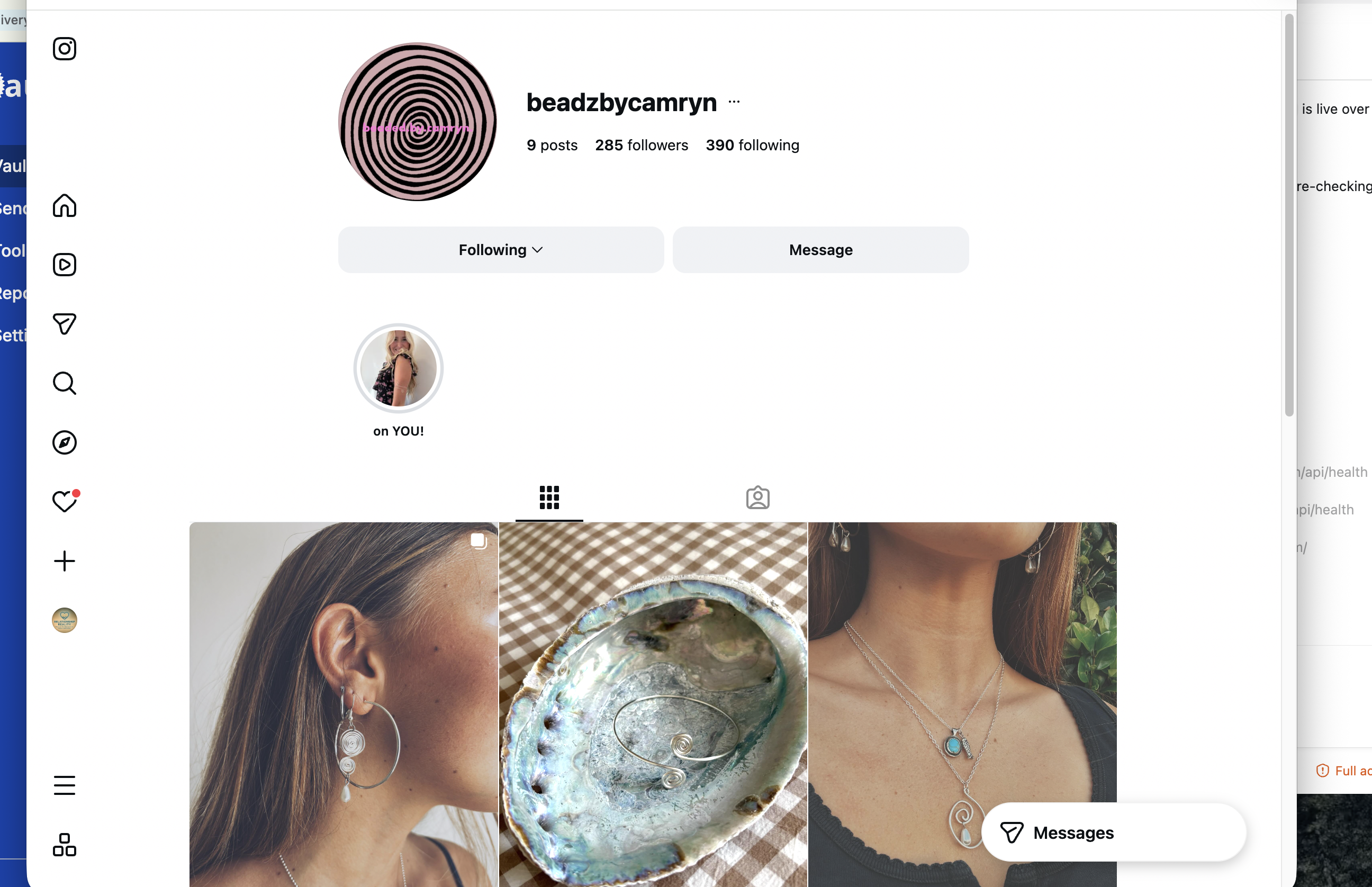 Instagram profile and featured jewelry photos